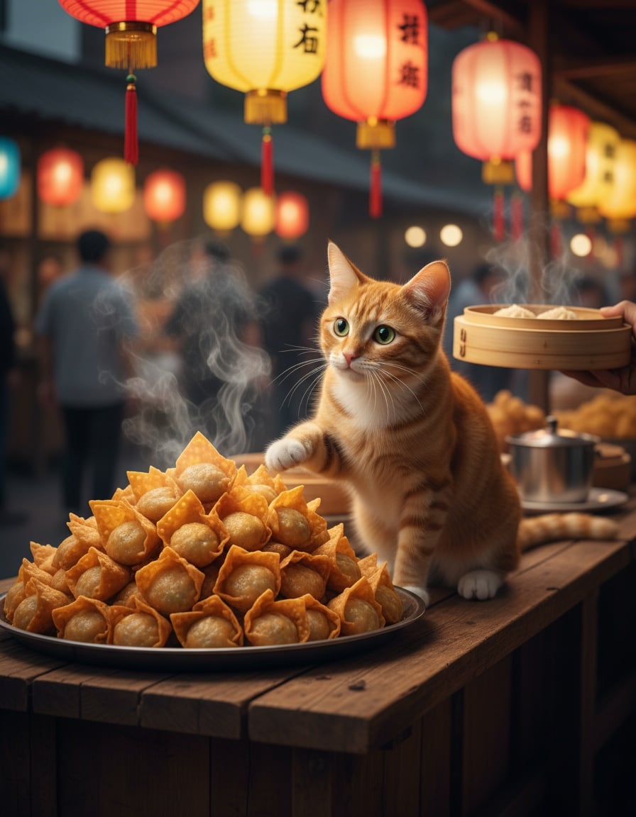 A ginger tabby cat at a market stall points curiously at a big pile of wonton dumplings.