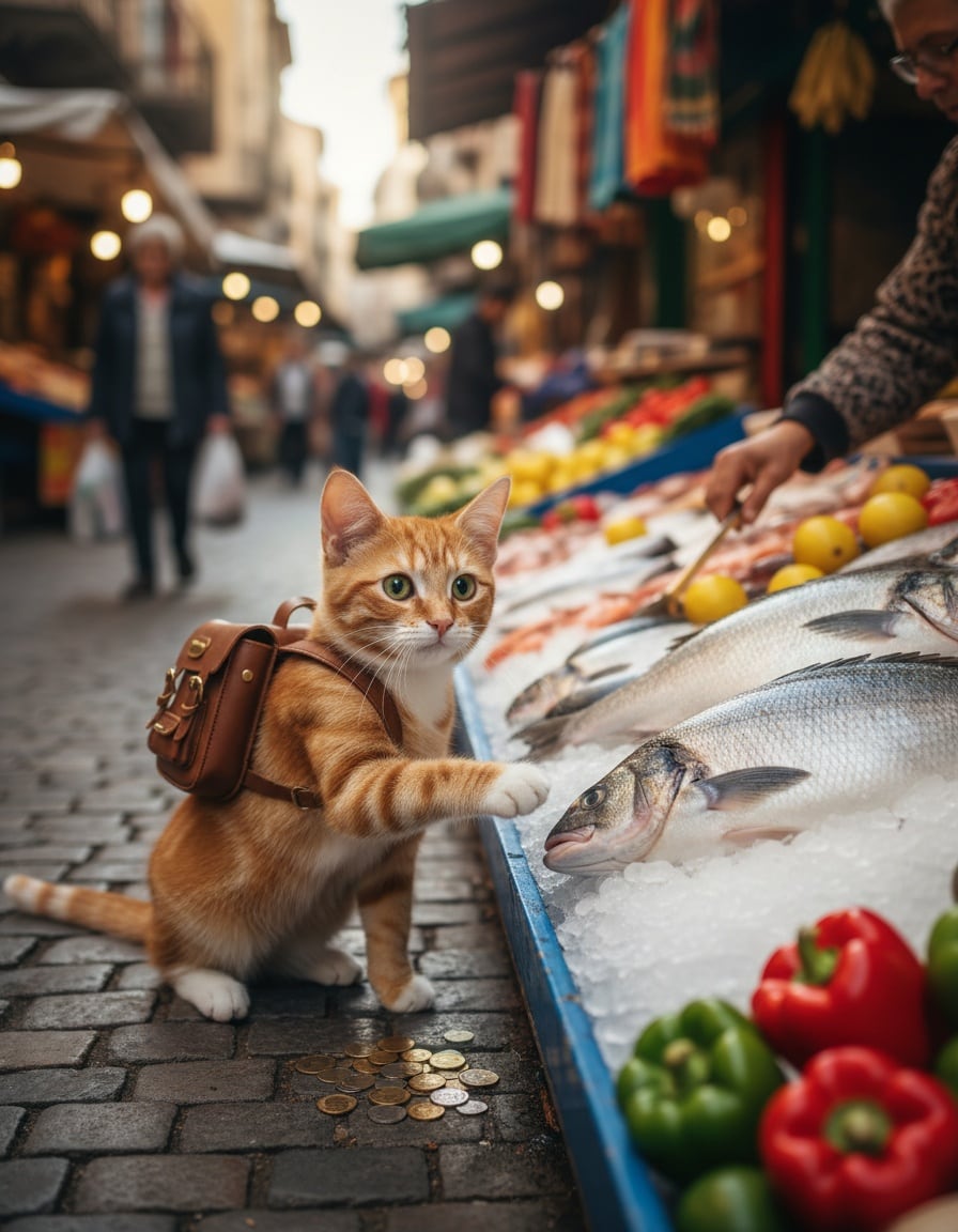 A ginger tabby cat with a little backpack pointing at a big fish on a market stall as if asking the price.