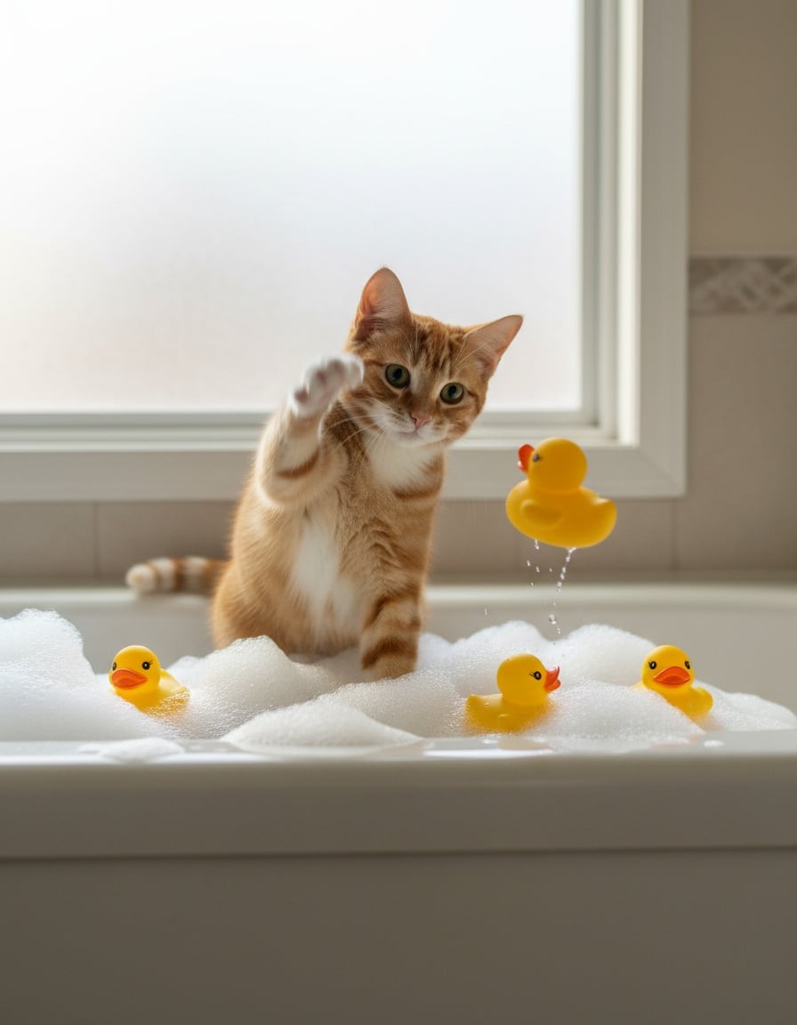 A ginger cat tosses four yellow rubber ducks into a foamy bathtub.