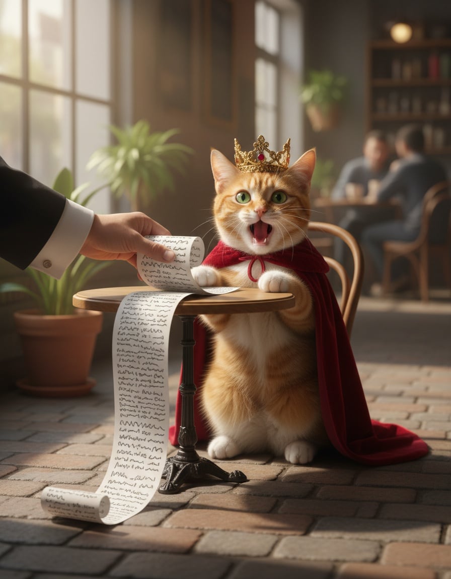 A ginger cat in a crown gasps at a very long bill in a café.