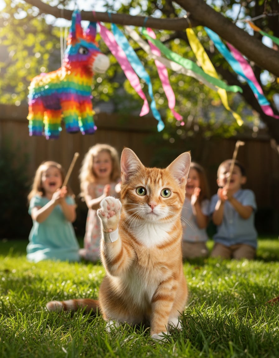 A ginger cat waves modestly beneath a repaired colourful piñata at a garden party.