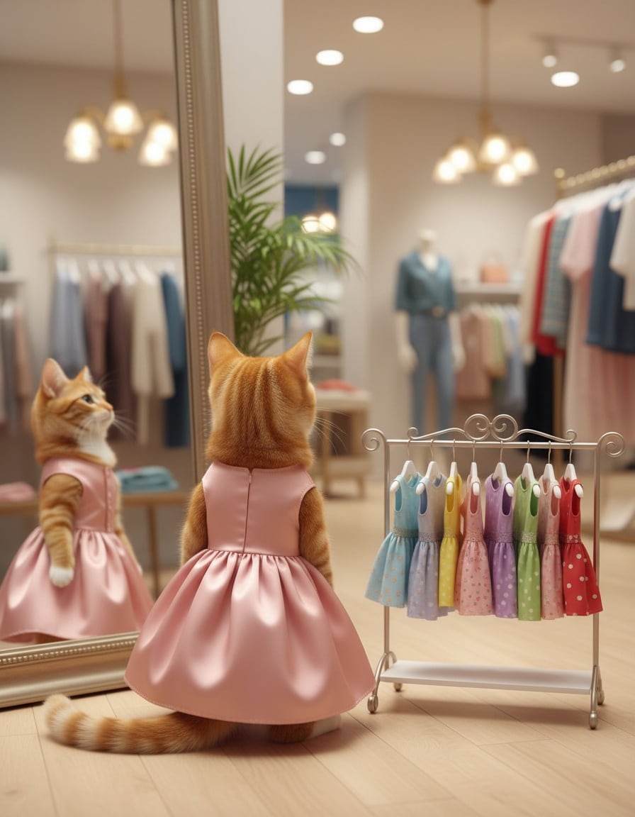 A ginger cat in a pink dress stands beside a rack of ten tiny colourful dresses in a shop.