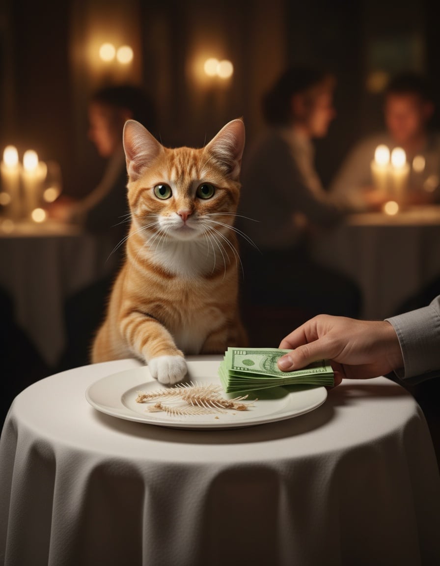 A ginger cat at a restaurant table pays for dinner with a stack of money.