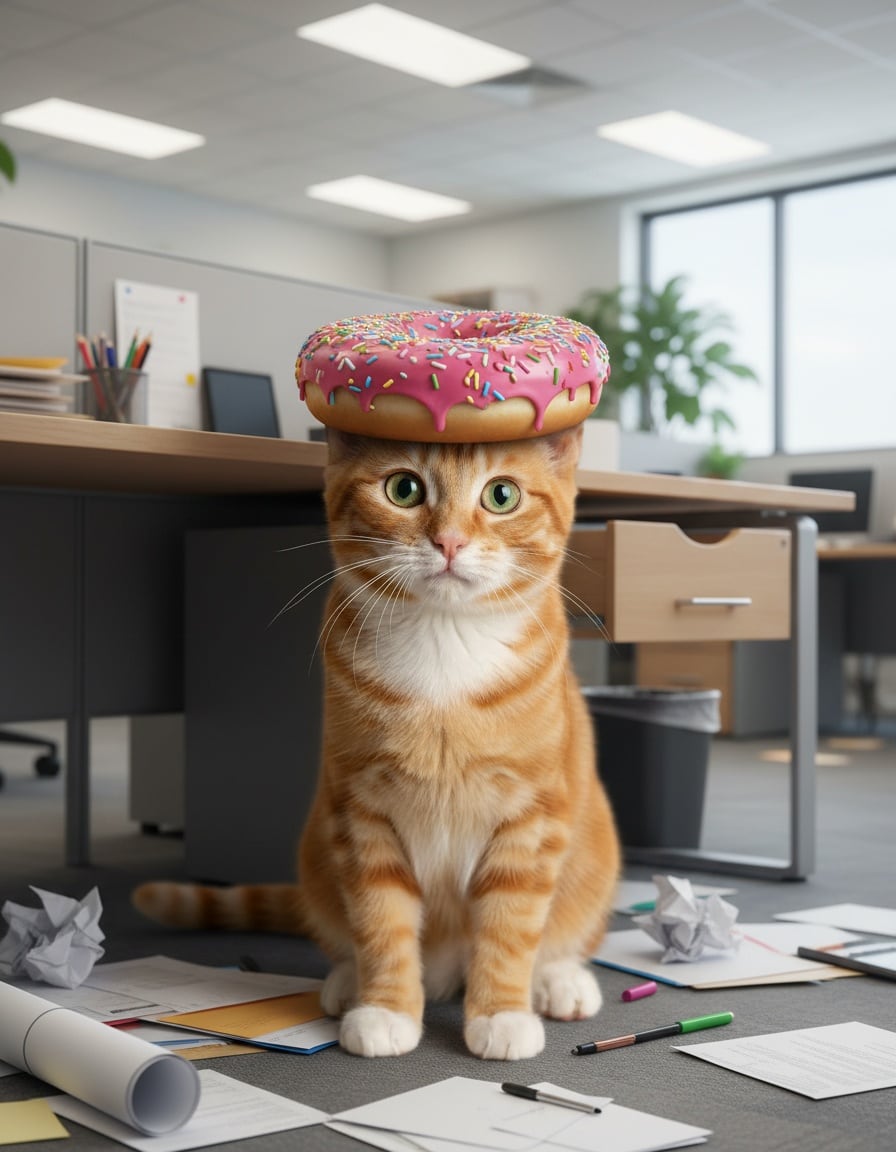 A puzzled ginger cat searches under an office desk while a pink donut sits on her head.