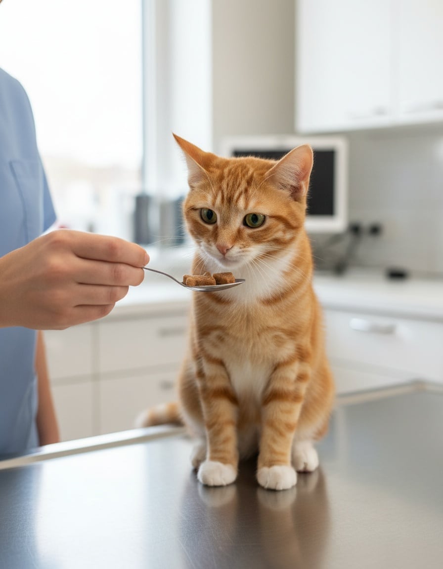 A ginger tabby cat on a vet's table looks at a spoon holding two fish-shaped treats.