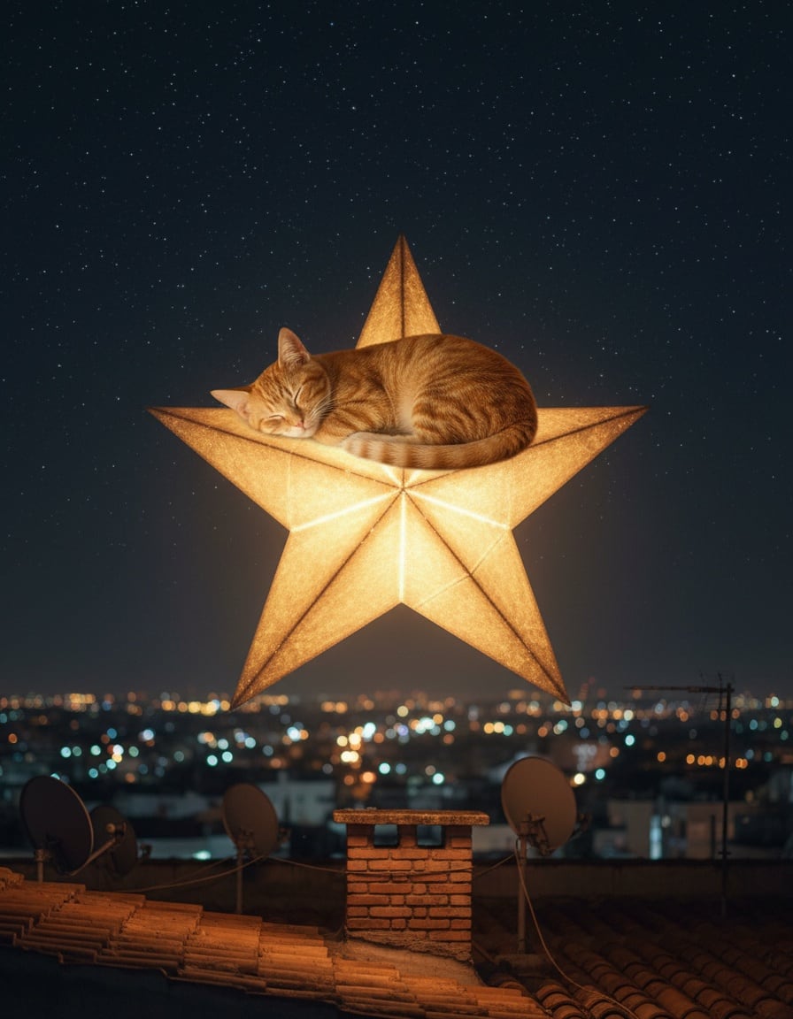 A ginger cat lies happily curled on a big glowing star above a rooftop at night.