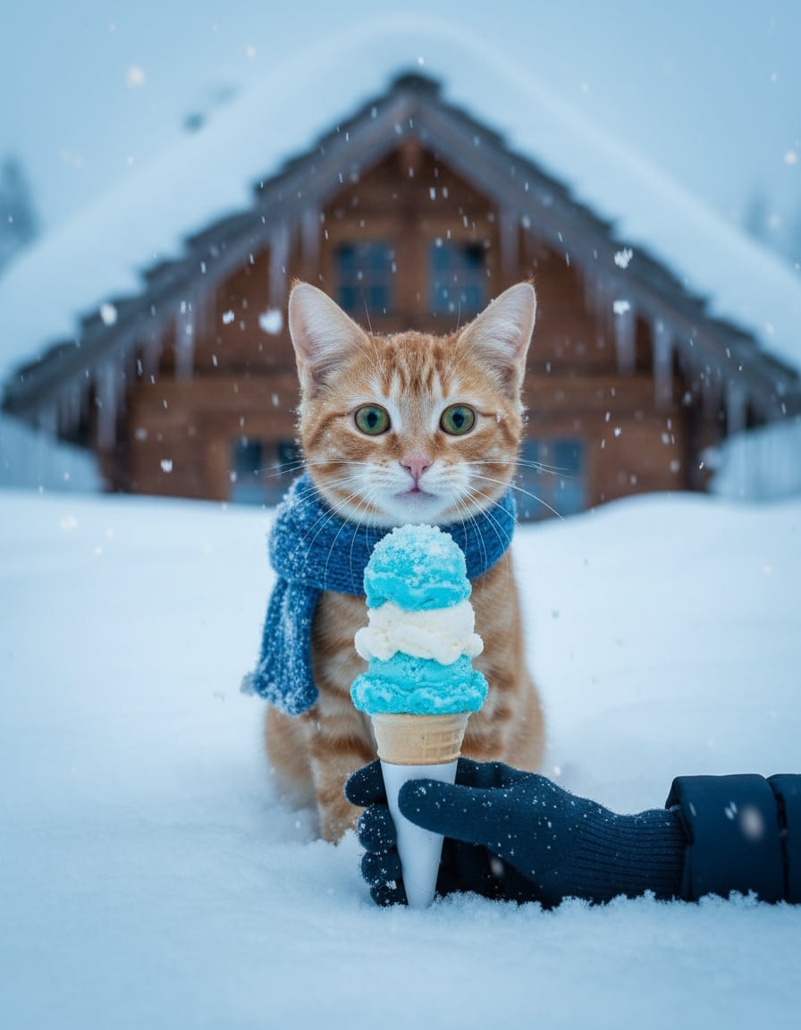 A shivering ginger cat in the snow is offered an ice cream cone by a gloved hand.