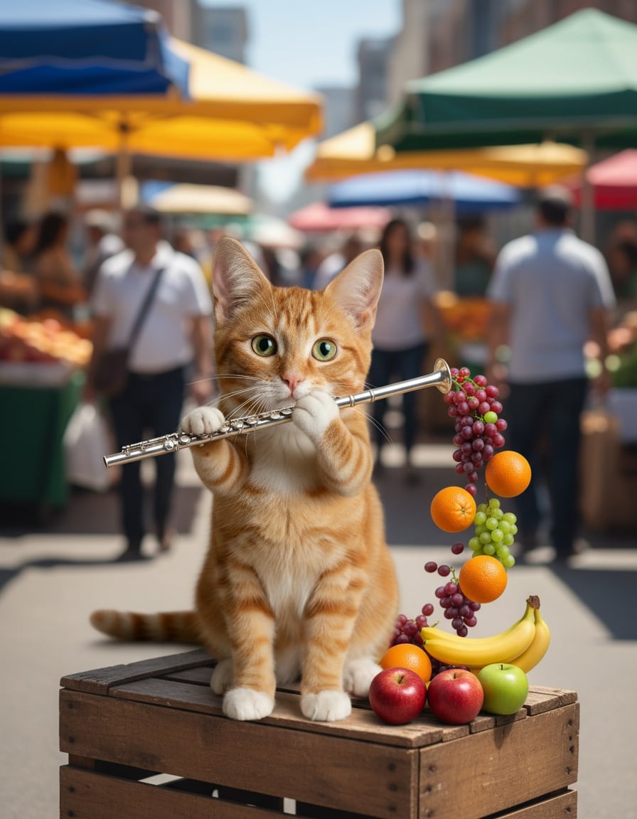 A ginger cat plays a flute at a market while fruit pours out of it.
