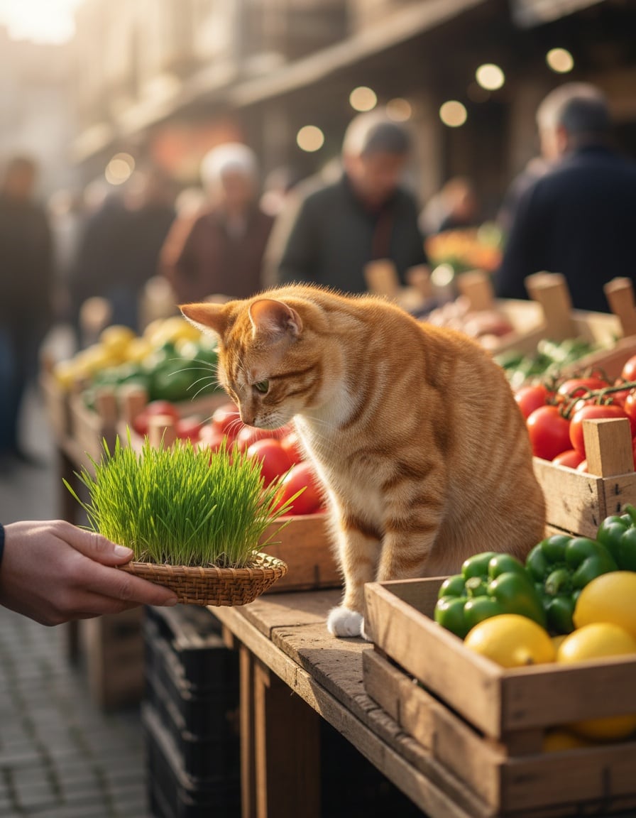 A ginger cat bows thankfully as a hand gives her a tray of fresh green grass at a market.