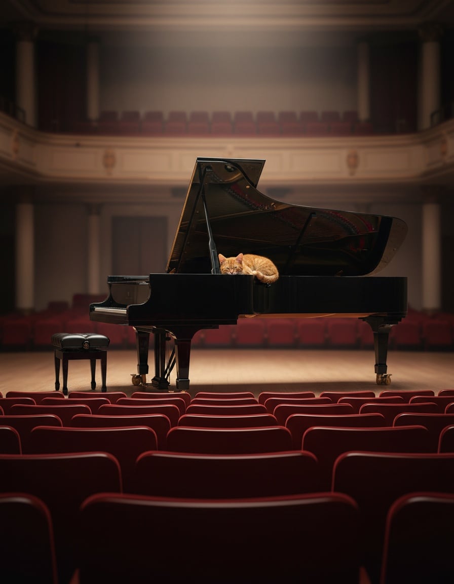 A small ginger tabby cat lies on top of a giant black grand piano filling a concert stage.
