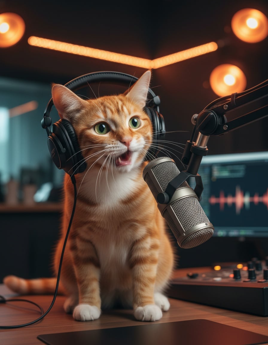 A ginger cat in headphones talks so fast into a studio microphone that her mouth is a blur.