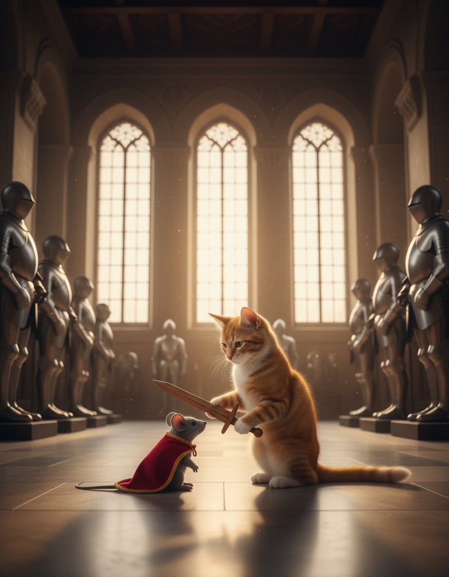 A ginger cat in a museum hall of armor knights a toy mouse with a wooden sword.