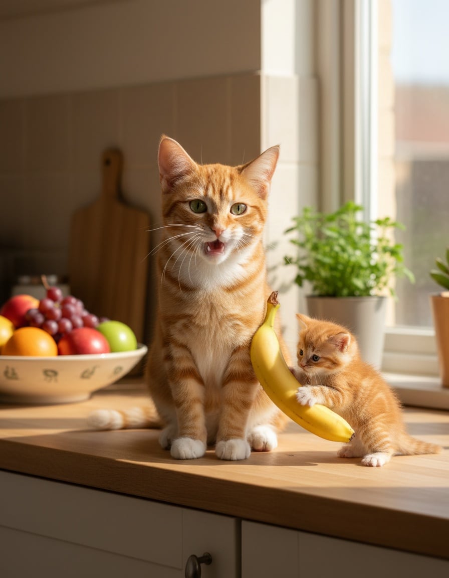 A ginger cat and a matching smaller kitten tug on the same banana on a kitchen counter.