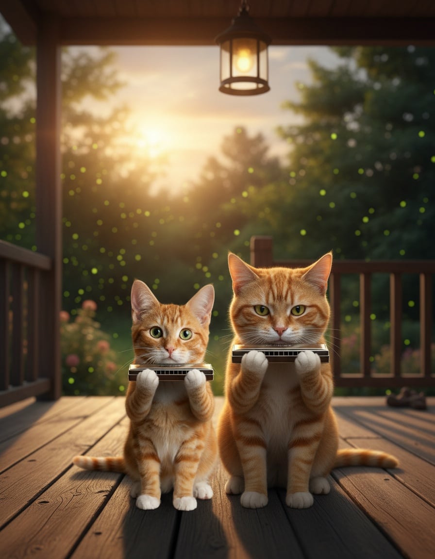 Two look-alike ginger cats share a harmonica on a wooden porch at sunset.