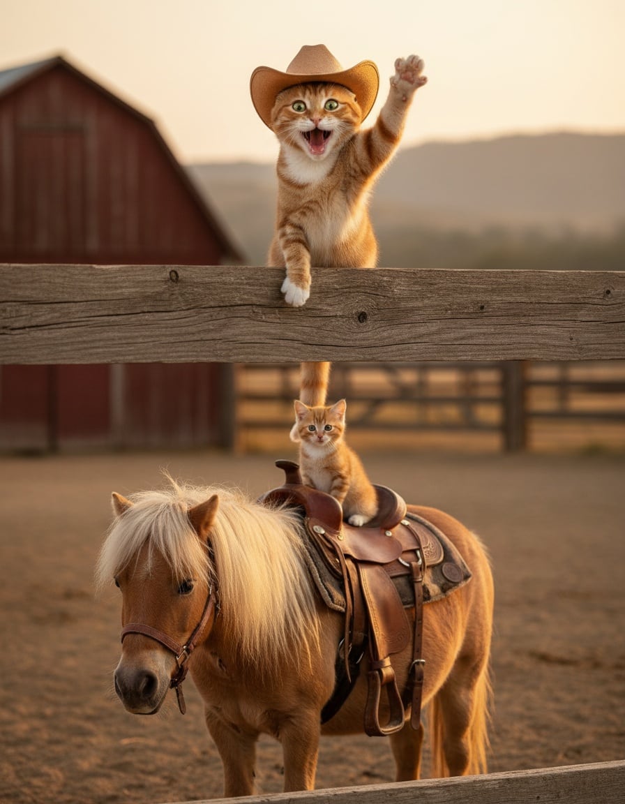 A ginger cat in a cowboy hat cheers from a fence while a tiny ginger kitten rides a pony at a ranch.
