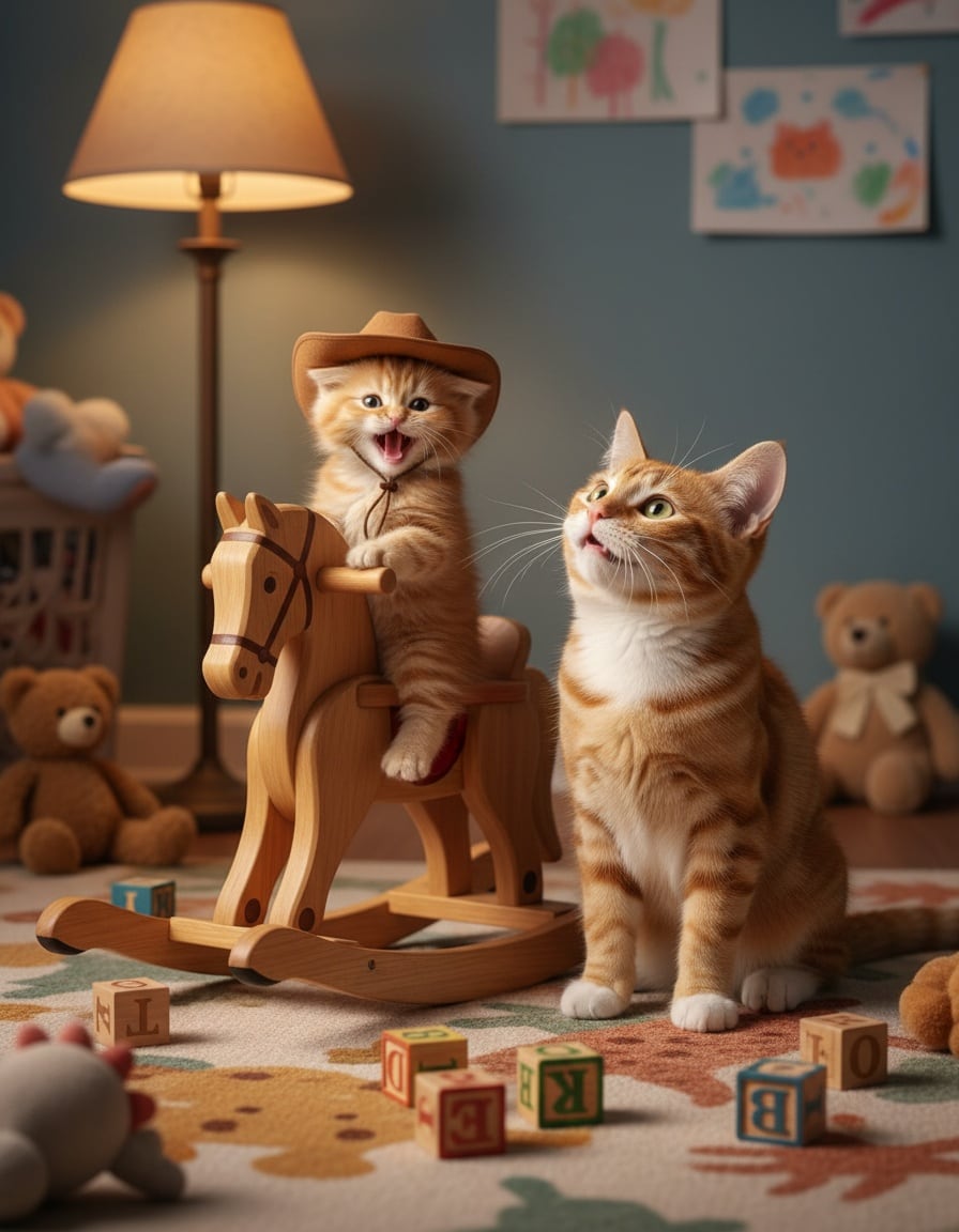 A ginger tabby cat proudly watches her kitten in a cowboy hat ride a rocking horse.