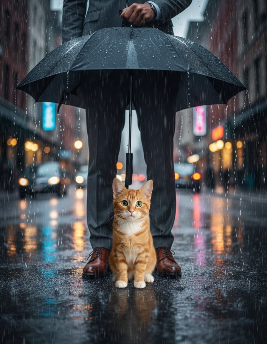 A ginger tabby cat sits dry between a man's legs under his big black umbrella on a rainy street.