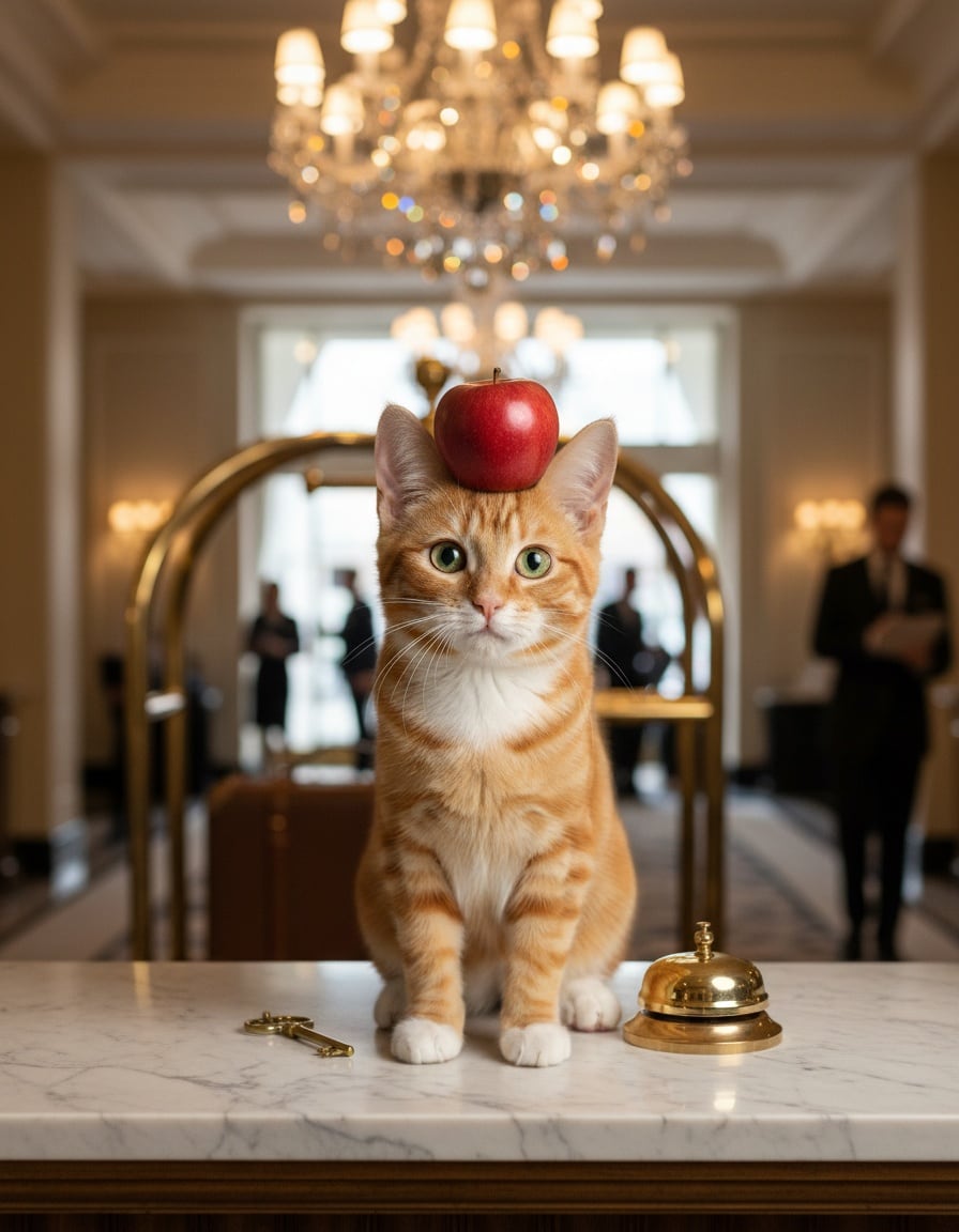 A ginger tabby cat with an apple on its head sits on a hotel reception desk with a room key.