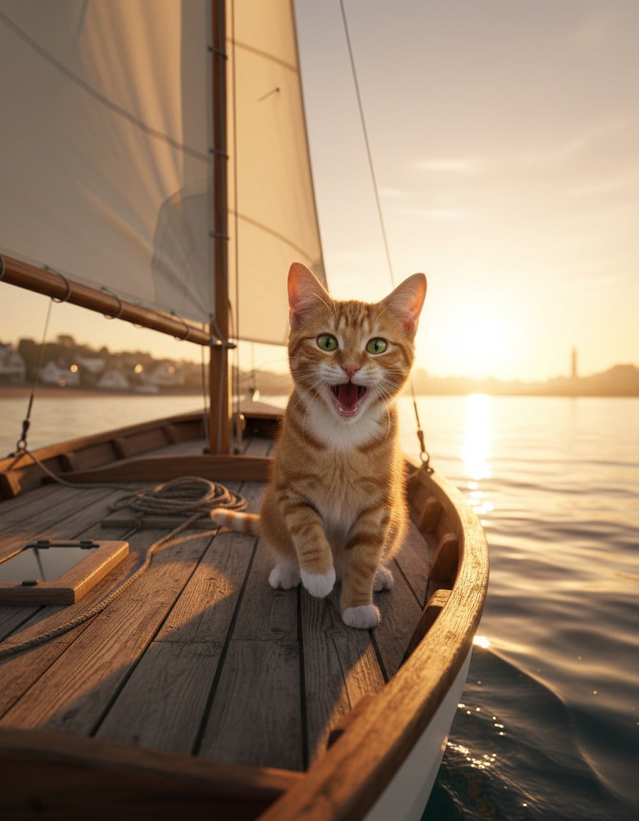 A ginger tabby cat calls out from the bow of a sailboat leaving the harbor at sunrise.