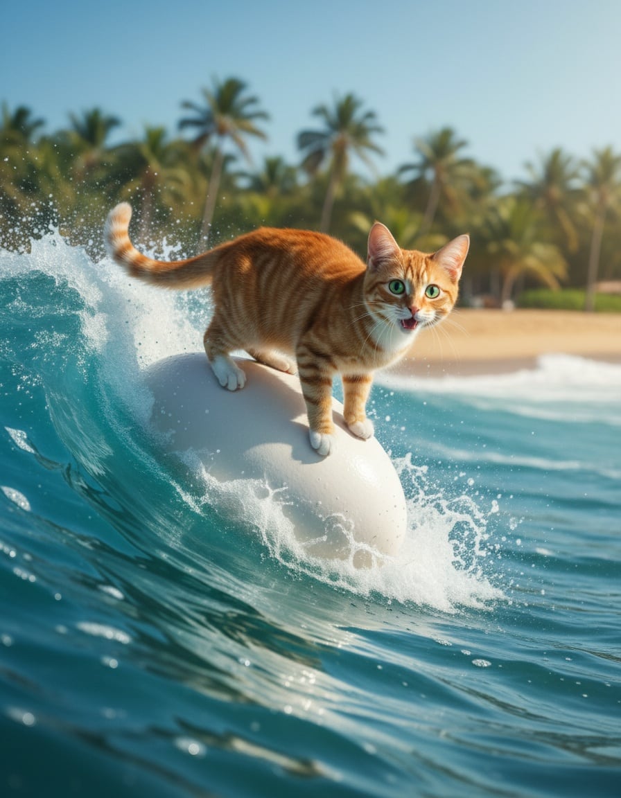 A ginger cat surfs a big ocean wave while standing on a giant egg.