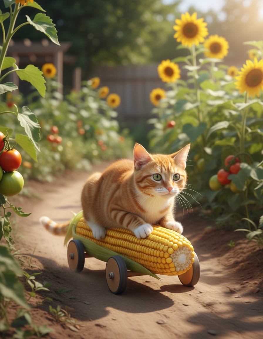 A ginger tabby cat zooms through a vegetable garden riding a giant ear of corn on wheels.