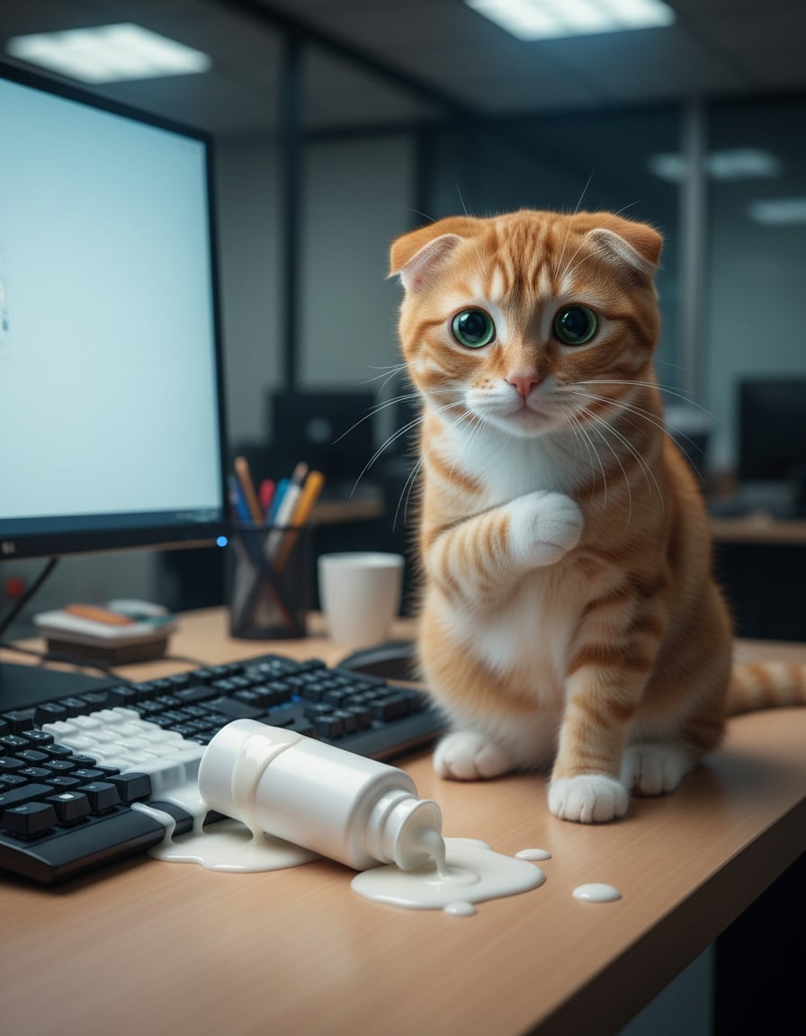 A ginger cat looks apologetic next to a spilled bottle of lotion on an office desk.