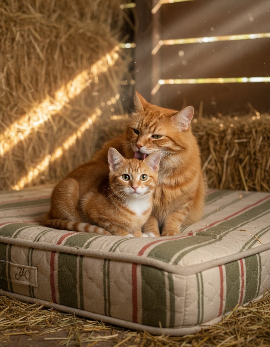 A small ginger cat cuddles with her bigger mother cat on a mattress in a hayloft.