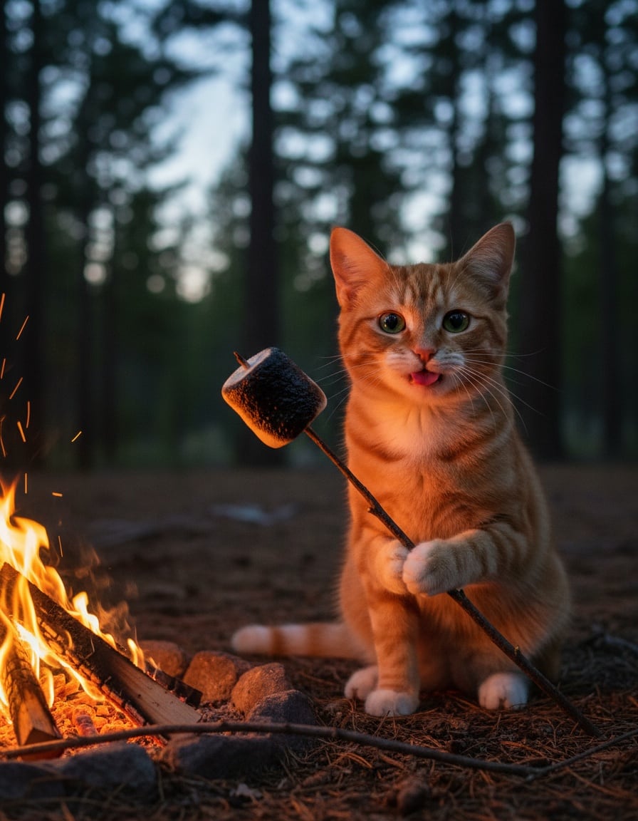 A ginger cat makes a face at a burnt marshmallow by a campfire.