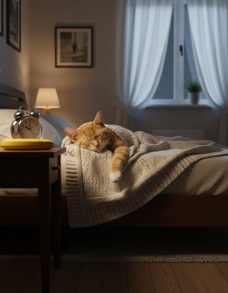 A ginger cat sleeps in bed beside a banana and an alarm clock at night.