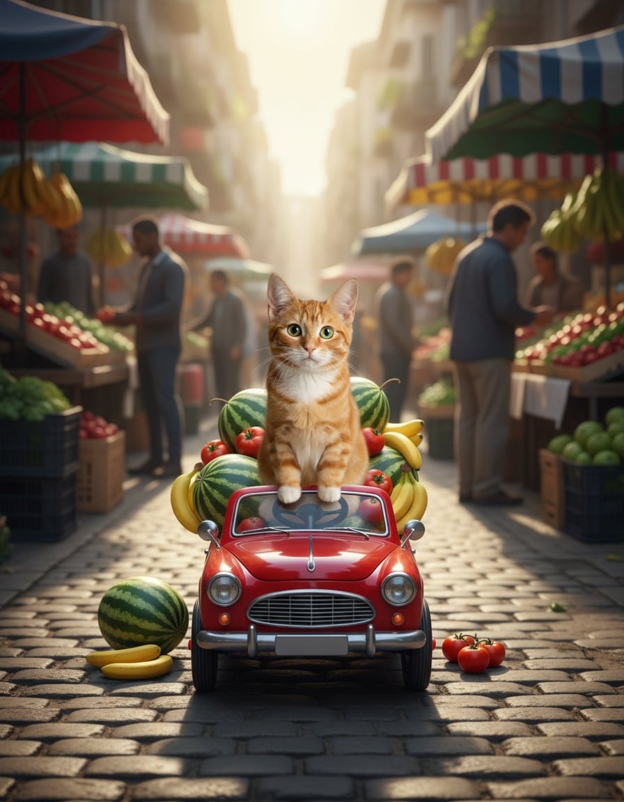 A ginger cat drives a small red car full of fruit through an outdoor market.