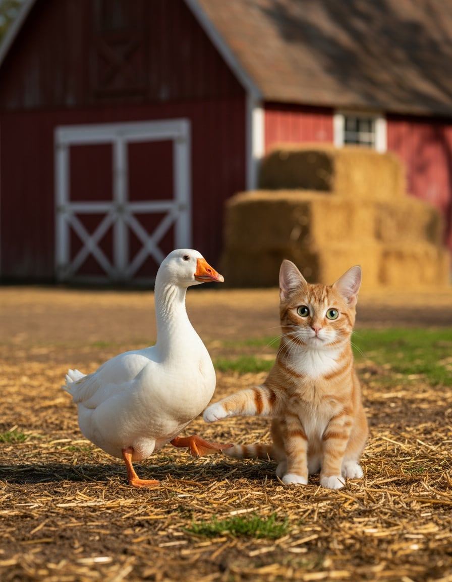 A ginger tabby cat shaking the webbed foot of a white goose in a farmyard.