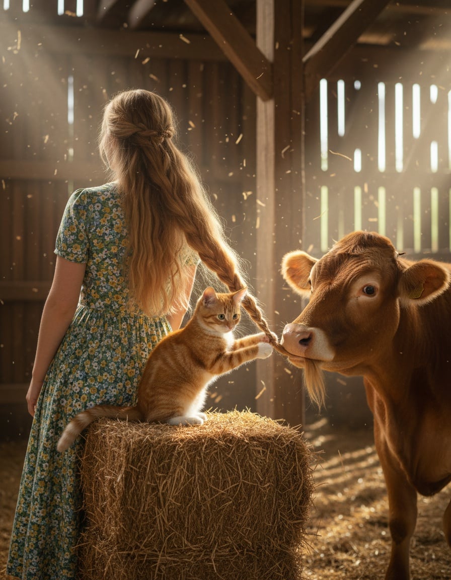 A ginger tabby cat braids a woman's long hair in a barn while a cow nibbles the braid.
