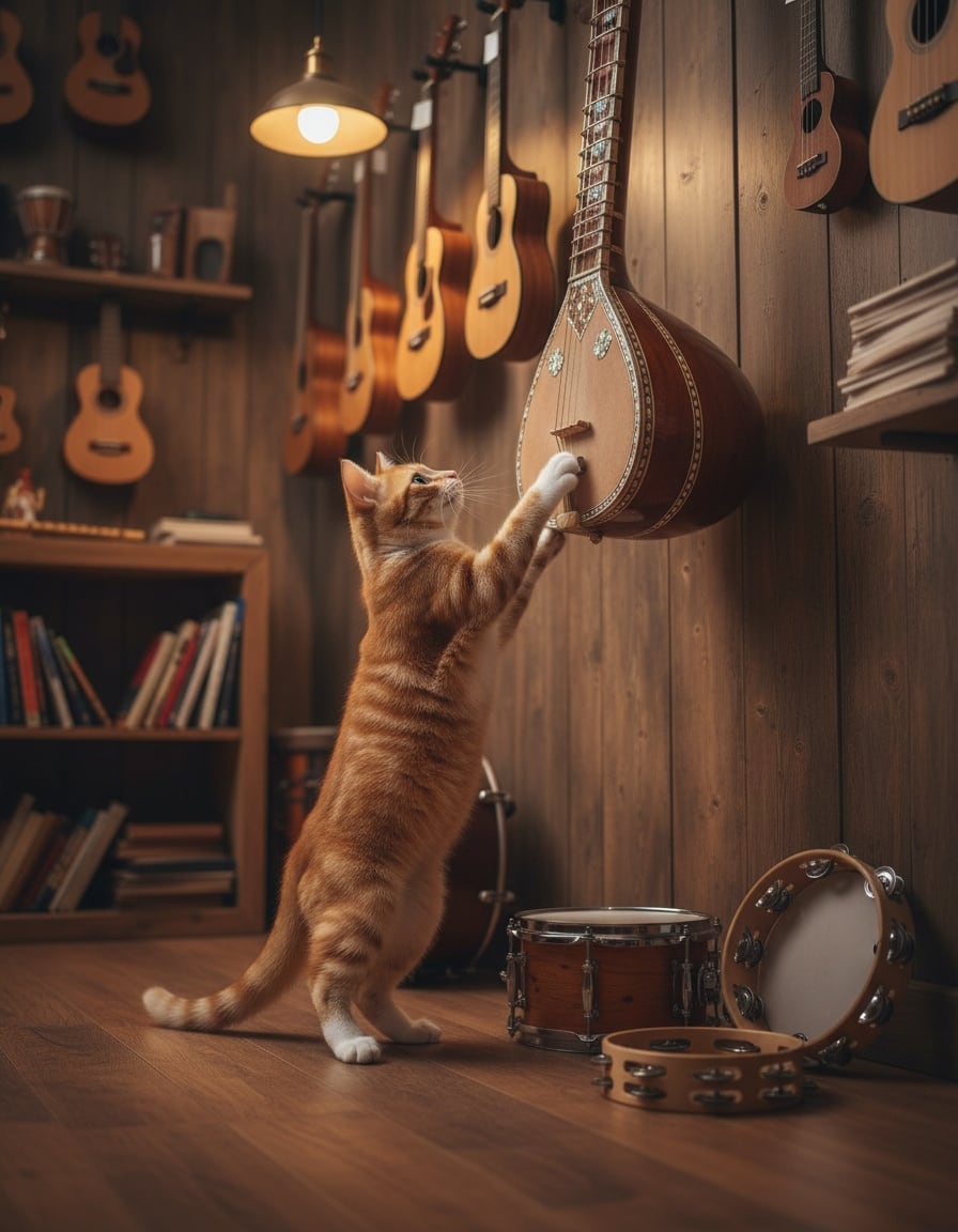 A ginger cat stretches up to reach a sitar hanging high on a music shop wall.