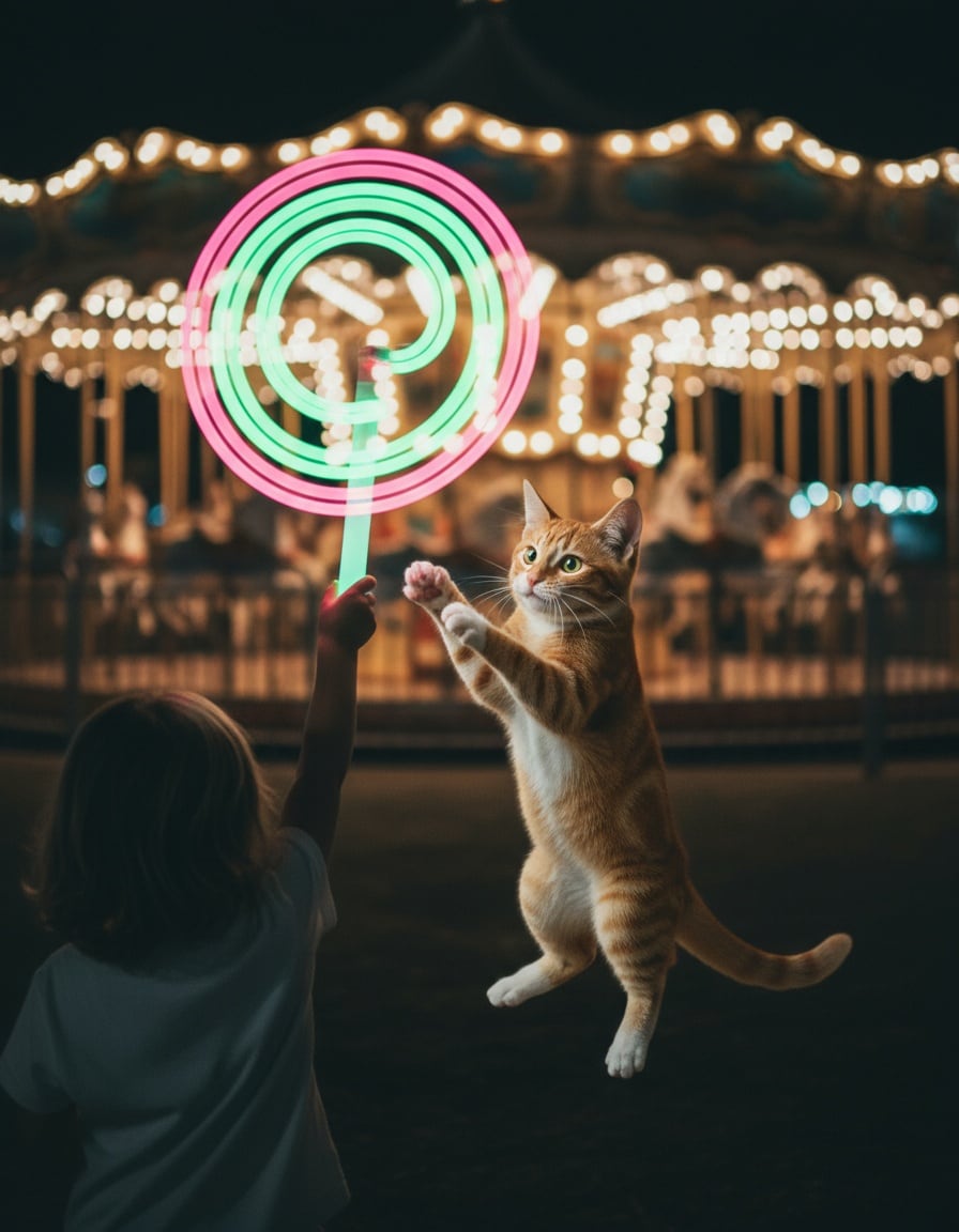 A ginger cat jumps after a neon glow stick held by a small boy at a night fair.
