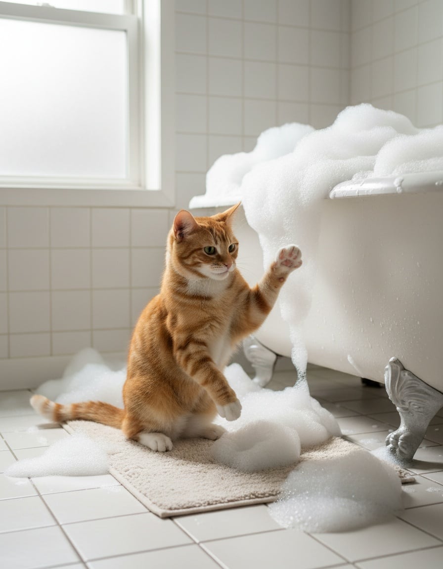 A ginger cat firmly refuses a bubble bath, raising a paw to say no.