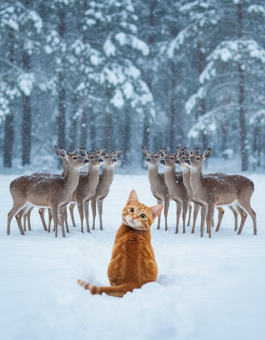 A puzzled ginger tabby cat in the snow facing ten deer who all seem to be talking at once.