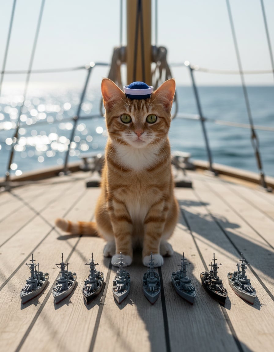 A ginger cat in a navy sailor cap inspects a row of nine toy ships on a sailboat deck.