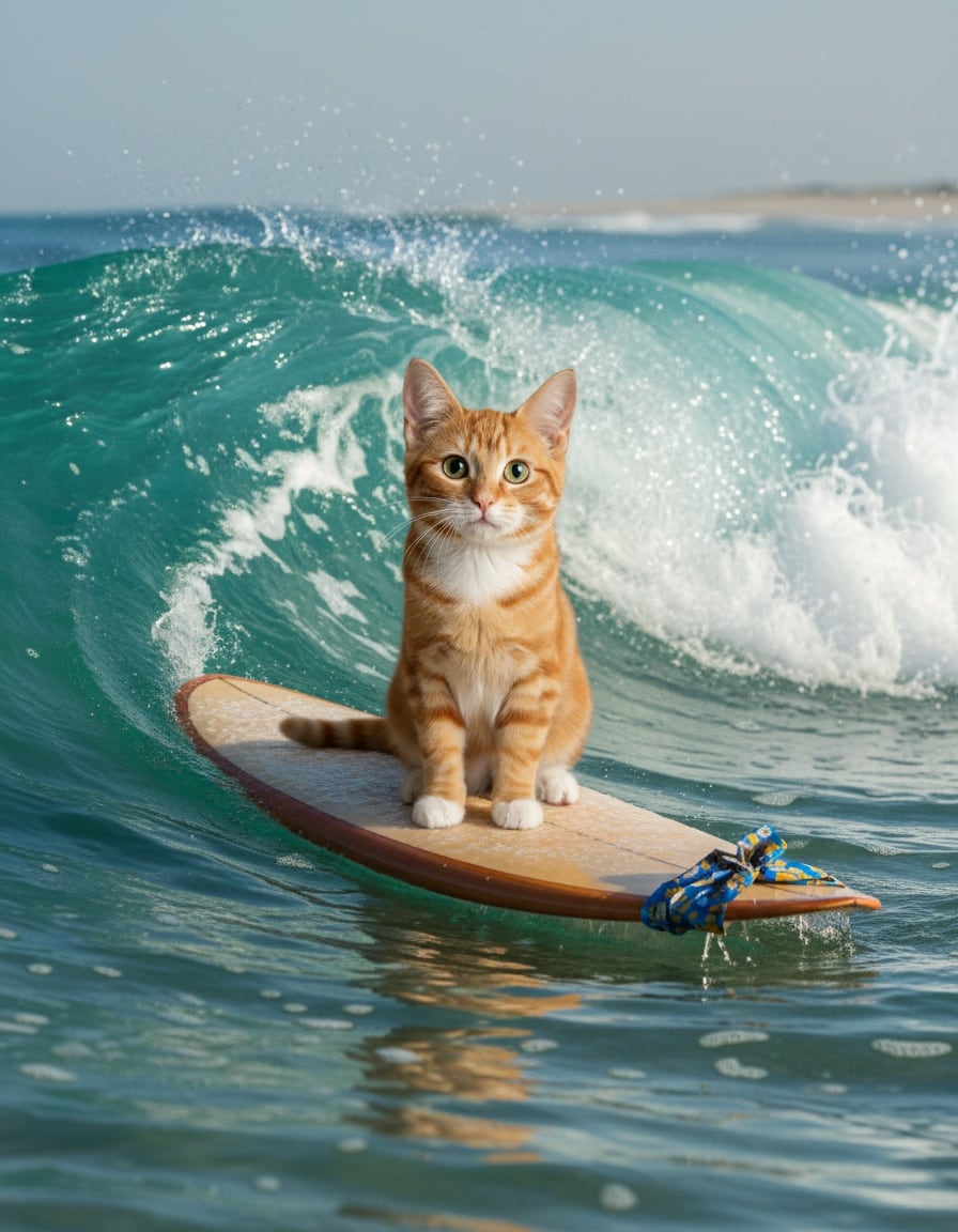 A ginger cat surfs a wave on a shiny brand-new surfboard.