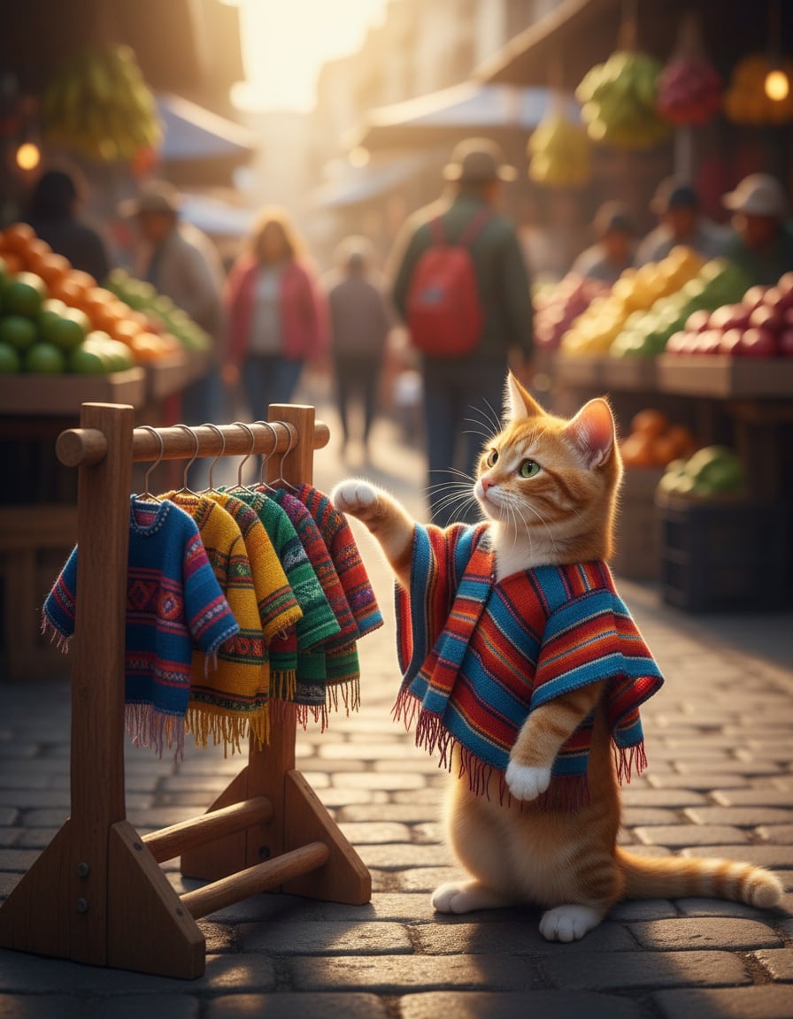 A ginger cat in a poncho points at a row of eight colorful ponchos hanging at a market stall.