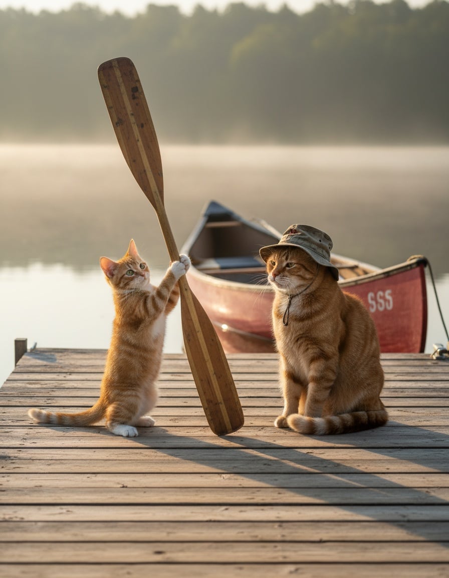 A ginger cat hands a big paddle to an older tomcat on a lake dock.