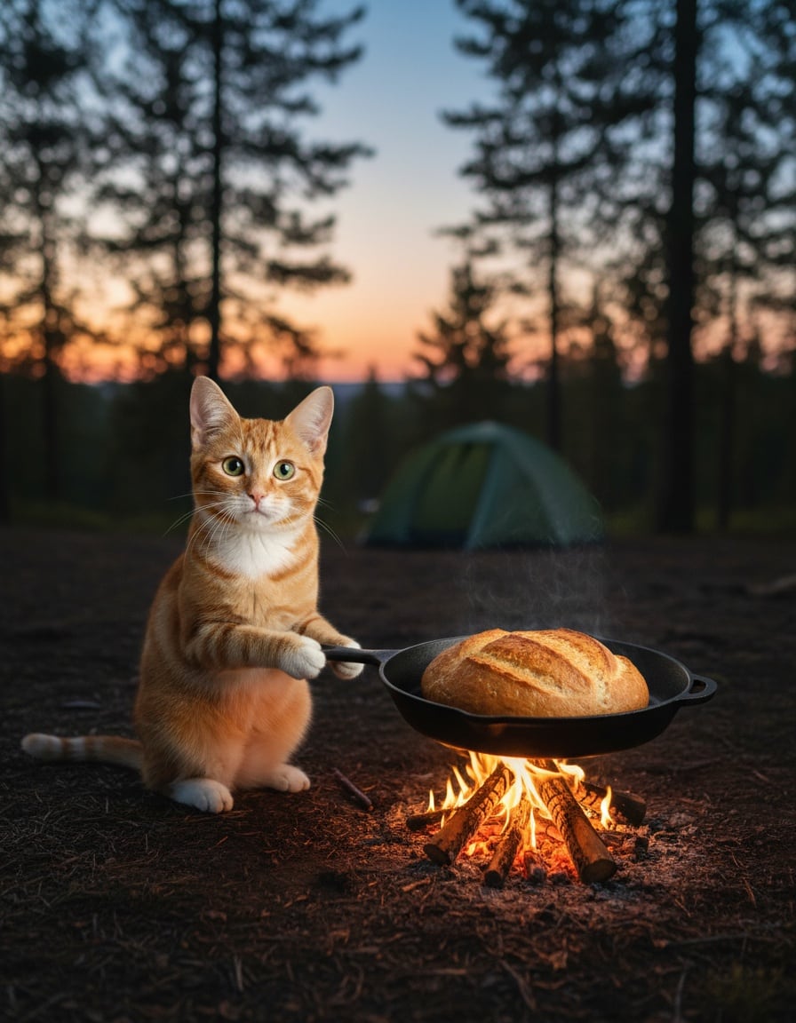 A ginger tabby cat holds a frying pan with a golden loaf of bread over a campfire.