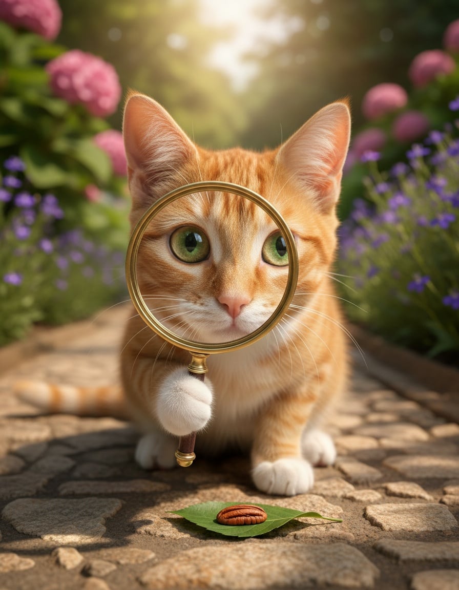 A ginger cat looks through a magnifying glass at a tiny pecan nut on a leaf in a garden.