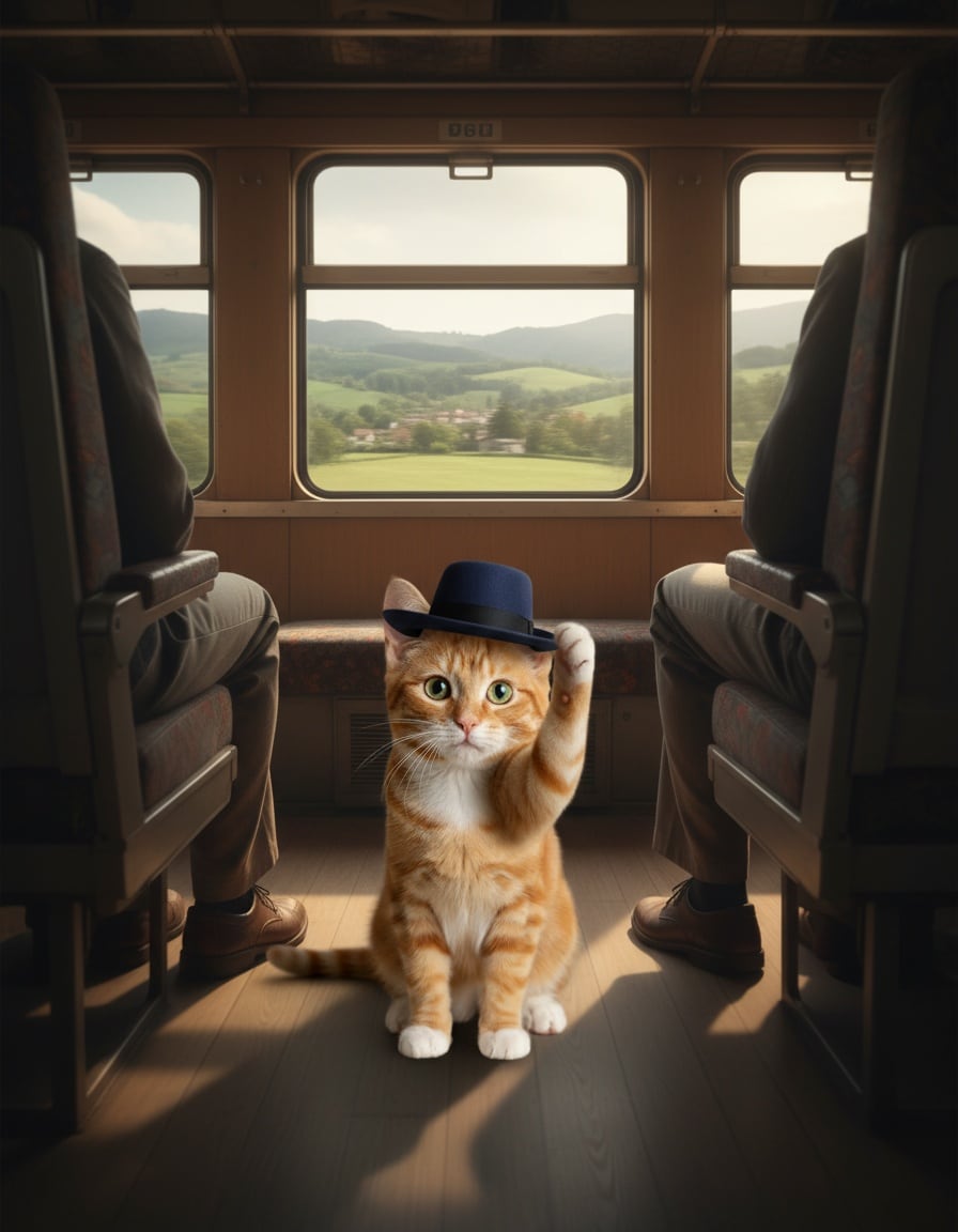 A ginger cat in a small hat politely squeezes through a crowded train aisle.