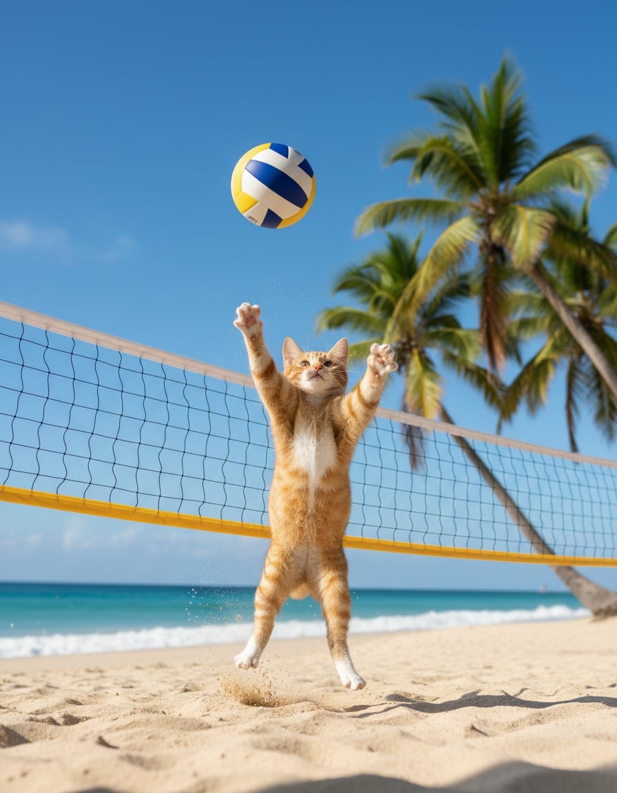 A ginger cat jumps over a volleyball net on a sunny beach to hit the ball.