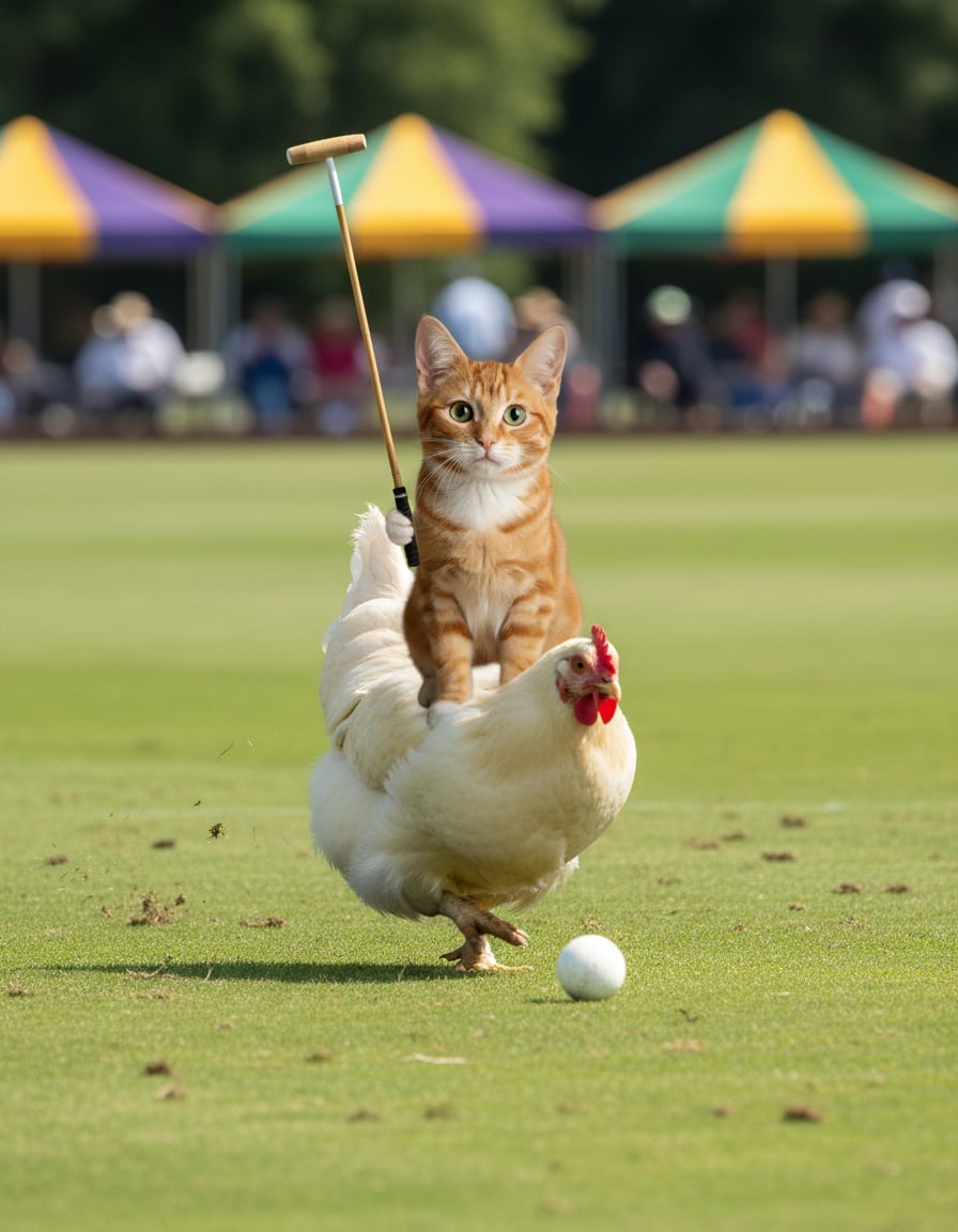 A ginger tabby cat rides a large white chicken while playing polo on a grassy field.