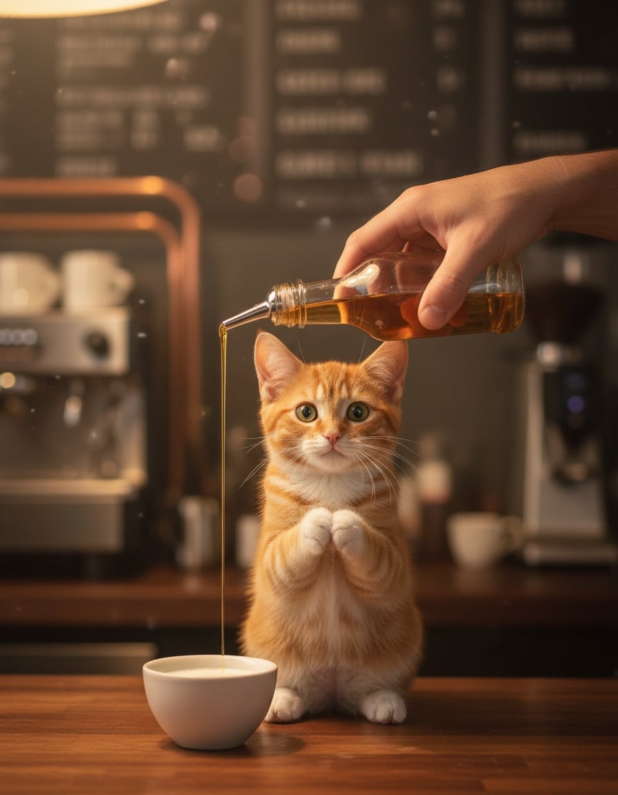 A ginger cat begs with clasped paws as a barista pours syrup into her milk.