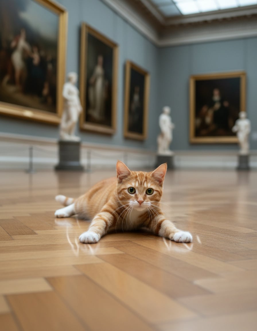 A puzzled ginger cat slides across a shiny parquet floor in a museum hall.