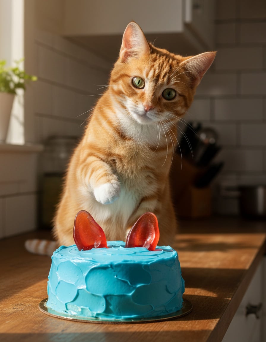 A puzzled ginger tabby cat tilts its head at a strange blue cake with jelly ears on a kitchen counter.