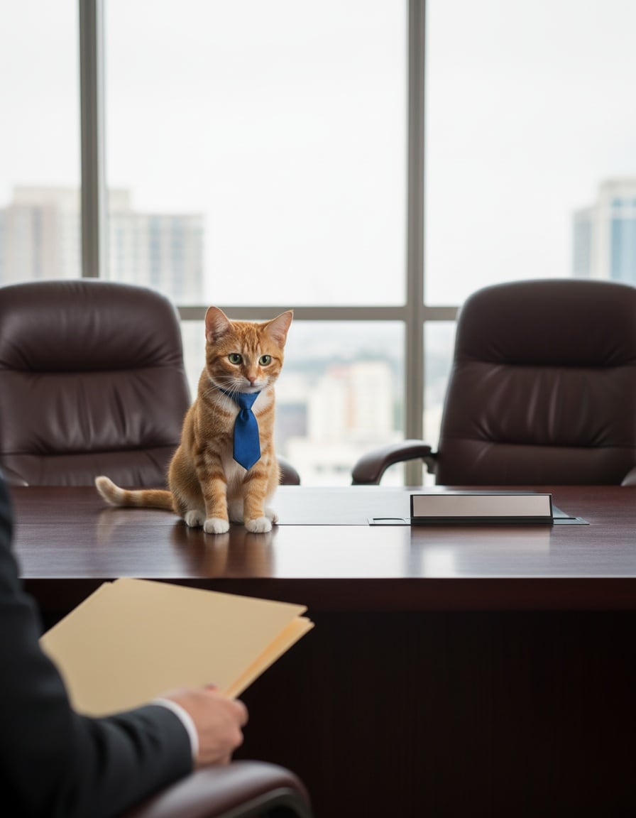 A ginger cat in a tie sits at a job interview, eyeing the boss's chair.