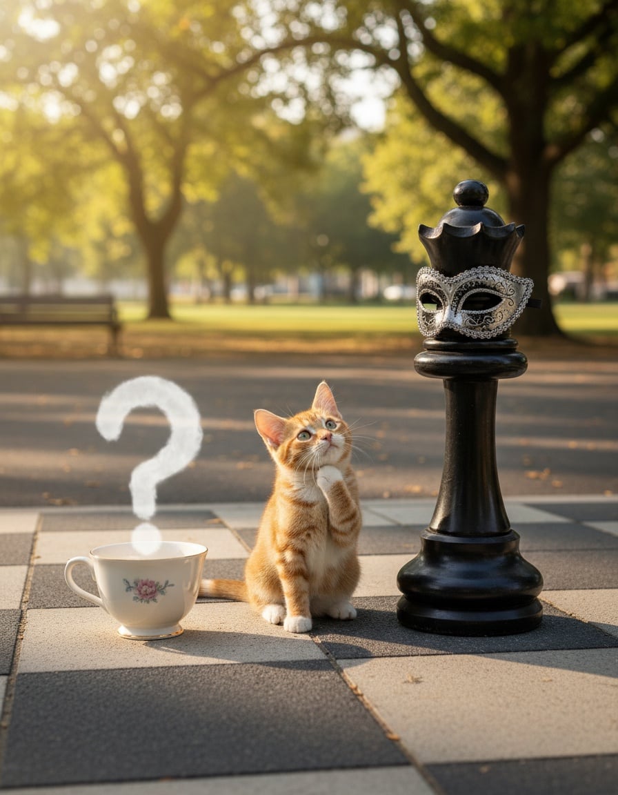 A ginger cat looks up curiously at a giant masked chess queen on an outdoor chessboard in a park.